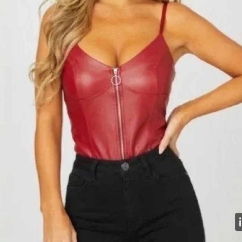 Guess Burgundy Red Faux Leather Thong Zip up Body suit XL
